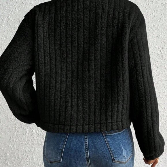 Black Casual Women's Flap Detail Button Front Flannel Jacket - Picture 2 of 7